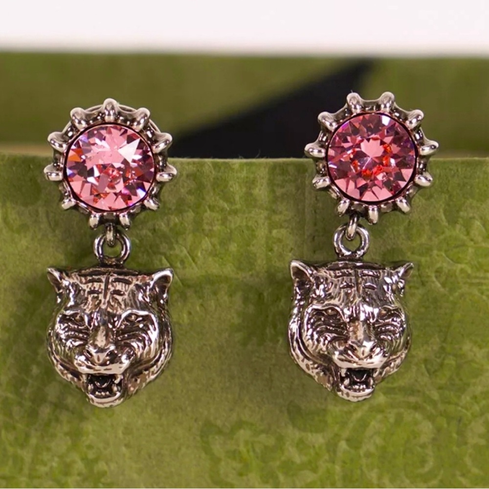 AUTHENTIC ✨$650 GUCCI Pink Crystal Stud Silver Tone FELINE TIGER Dangle EARRINGS